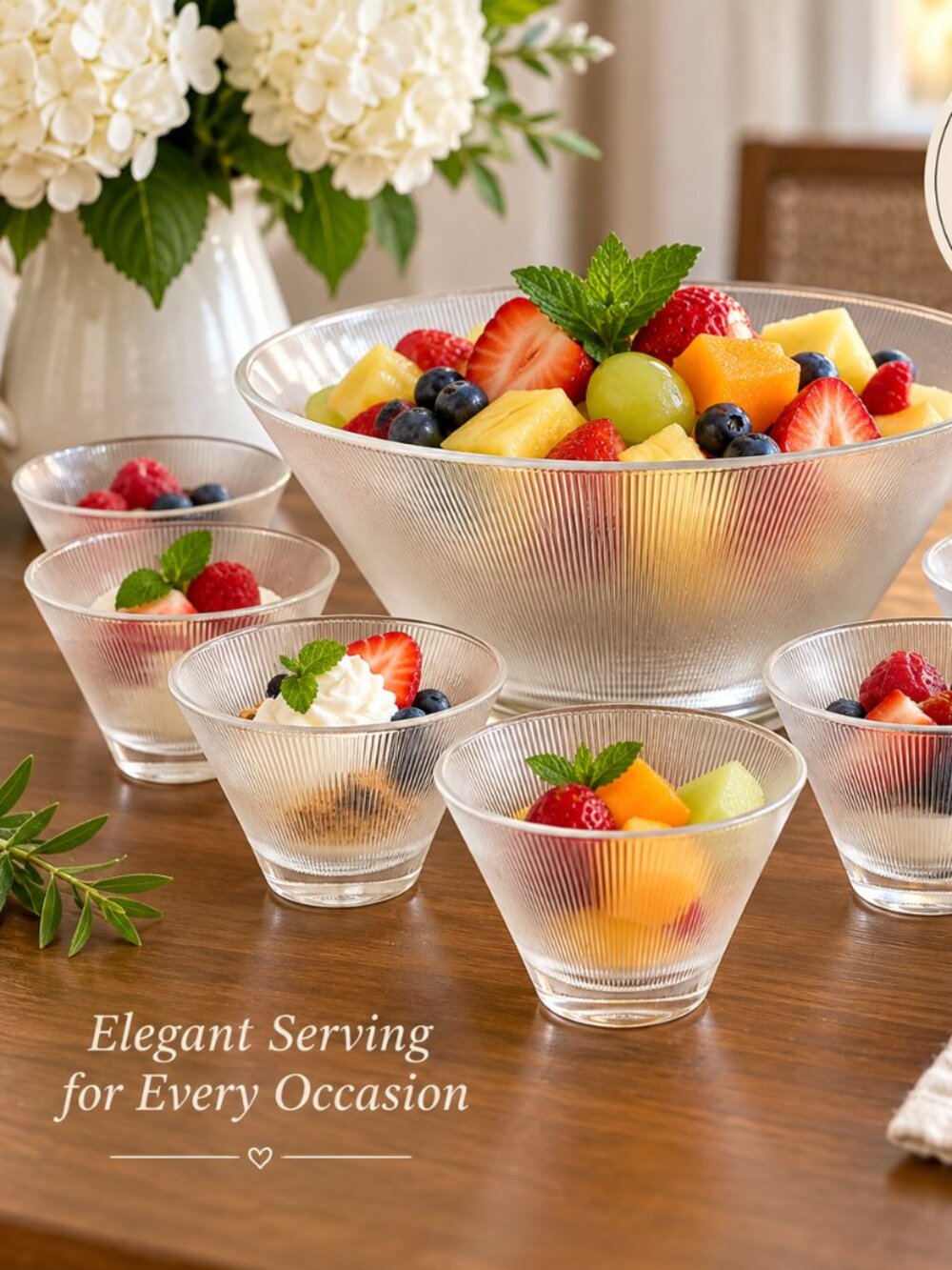 Vintage Textured Ribbed Glass Serving Bowl & 10 Dessert Cups Set